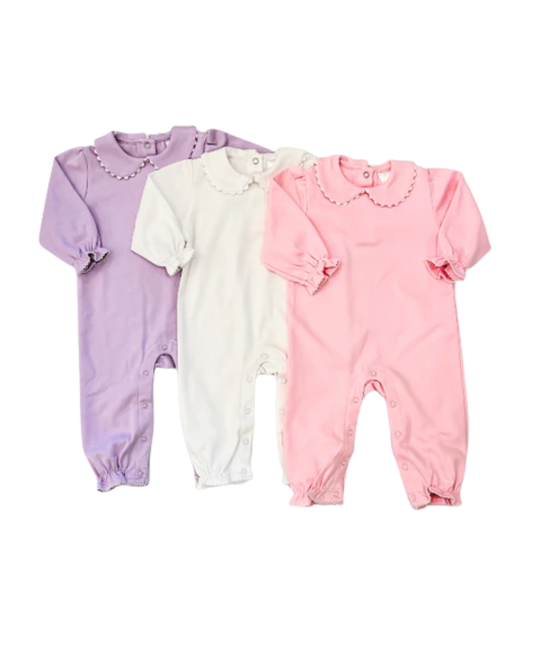 Girls Long Sleeve Peter Pan Romper with Ricrac Trim