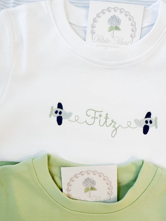 White Airplane Tee in Blue & Green Colorway