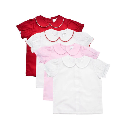 Short Sleeve Woven Picot Peter Pan Blouse